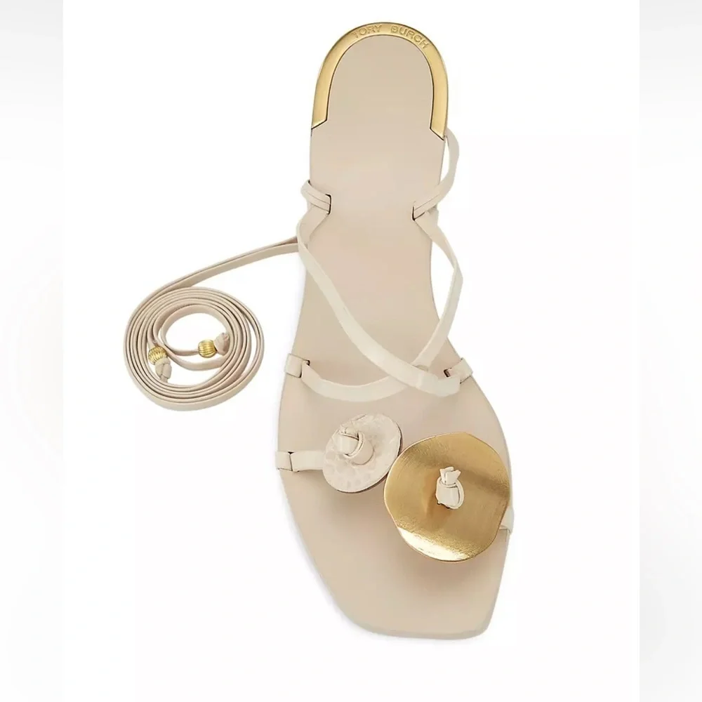 Tory Burch Knotted Leather Ankle-Tie Sandals New Cream